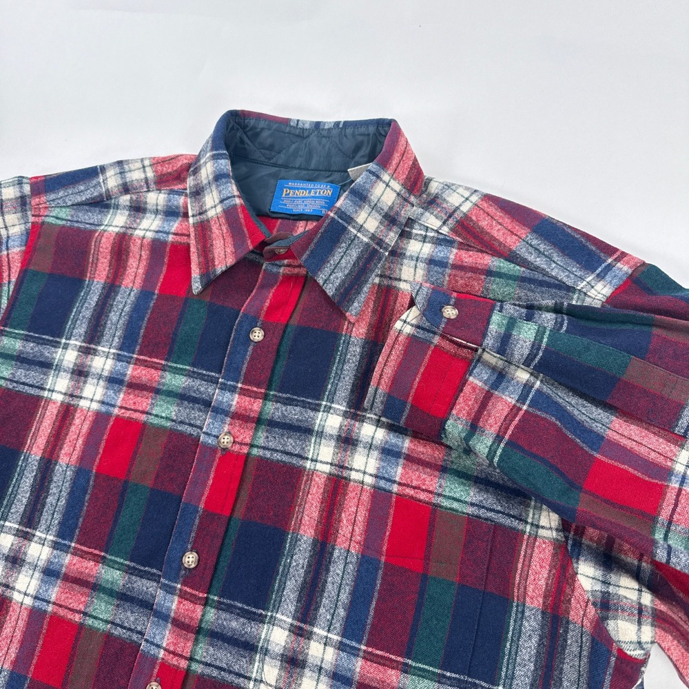 Pendleton Mens Shirt L Red Blue Plaid Virgin Wool Button Down Flannel Heritage